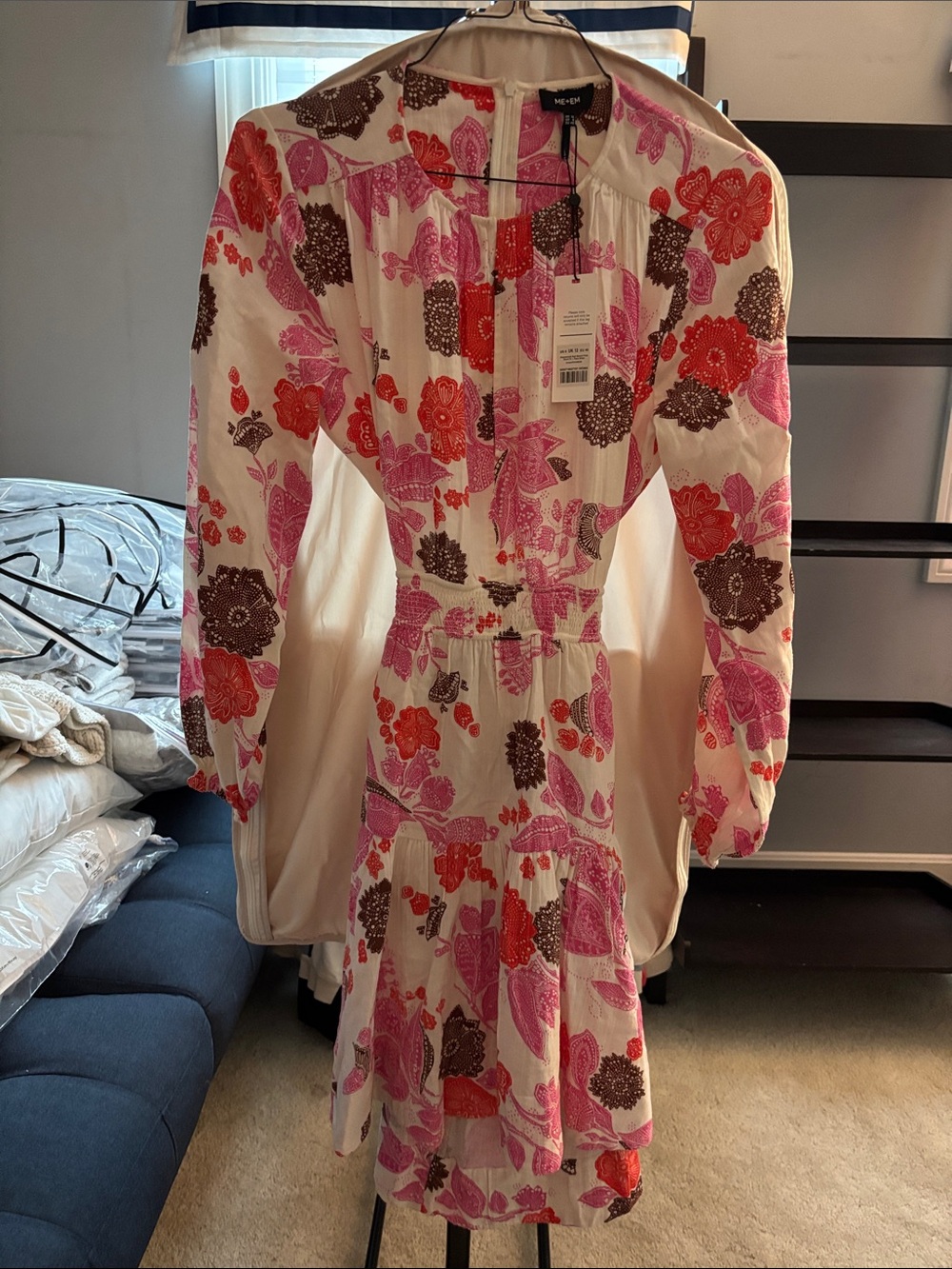 ME+EM White Floral Tiered Long-Sleeve Dress with Pink & Red Blooms